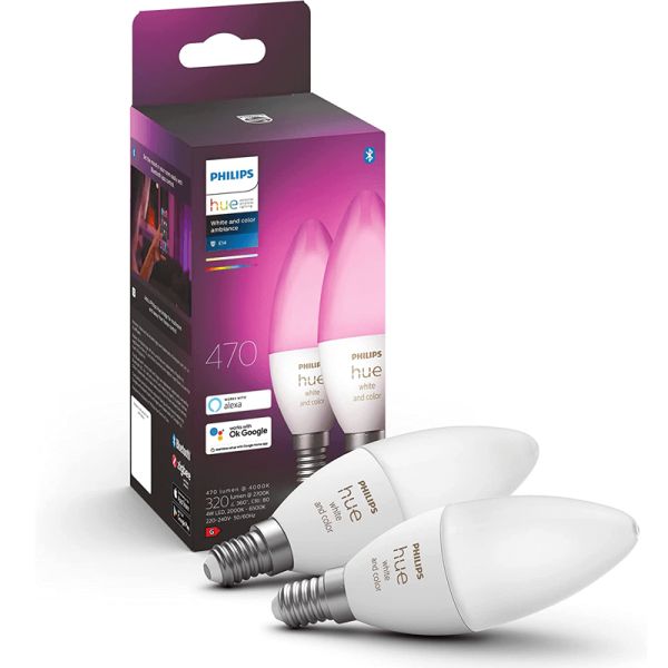 Pack de 2 Bombillas LED vela inteligente 4W - 40W con Luz Blanca y de Colores 8719514356610 Philips | LeonLeds