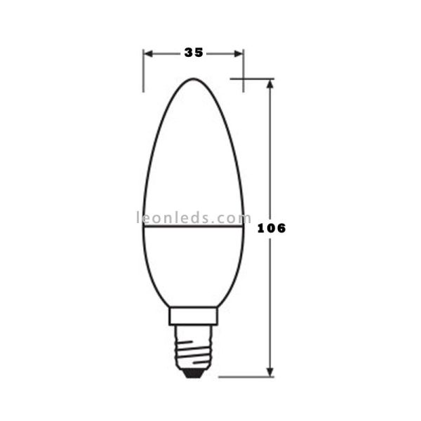 Dimensiones Osram Parathom Classic B E14 Vela 5.5W 827 Cálida Mate Equivalente 40W Bombilla LED de Vela | LeonLeds Iluminación