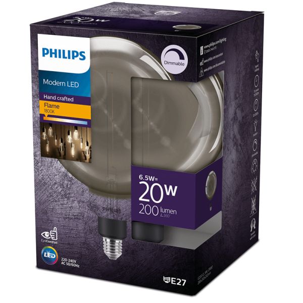 Ampoule LED Large Globe G200 Effet miroir dimmable Smoky 6,5W - 20W, 200Lm 1 800K Philips | leonleds