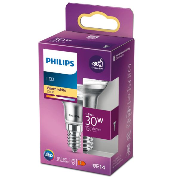 Lâmpada LED Refletor R39 E14 36º 1.8W - 30W 2700K 8718699773755 Philips | leonleds