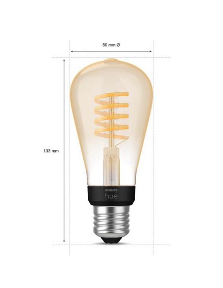Dimensiones Bombilla LED filamento ST72 550Lm 7W 2.100K - Philips Hue - Compatible con Alexa, Google Home | LeonLeds