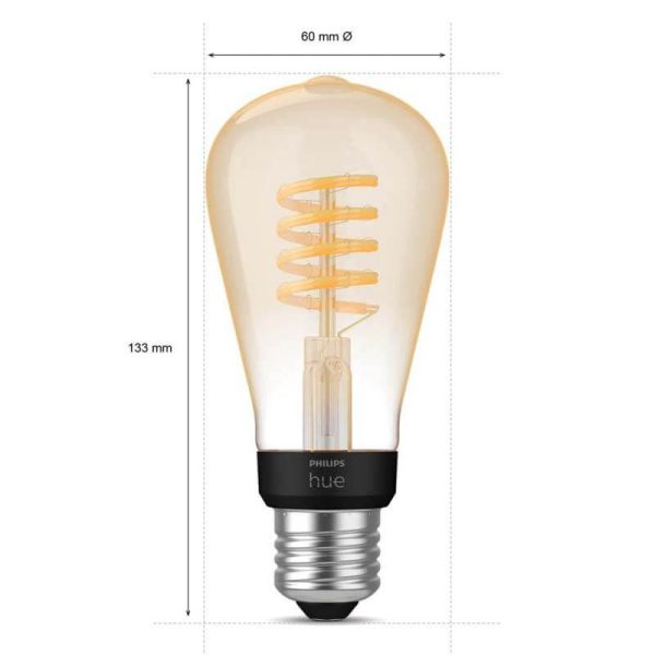 Dimensiones Bombilla LED filamento ST72 550Lm 7W 2.100K - Philips Hue - Compatible con Alexa, Google Home | LeonLeds