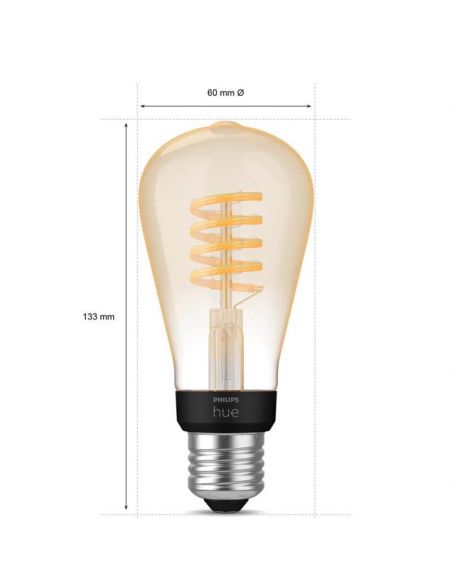 Dimensiones Bombilla LED filamento pera ST64 550Lm 7W 2.100K - Philips Hue - Compatible con Alexa, Google Home | LeonLeds