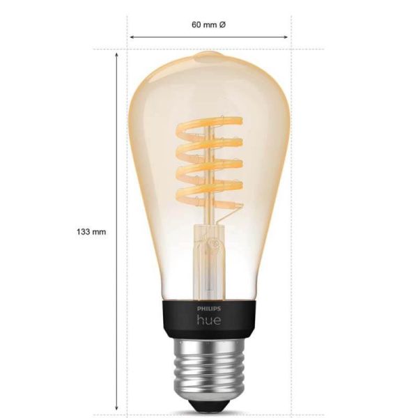 Dimensiones Bombilla LED filamento pera ST64 550Lm 7W 2.100K - Philips Hue - Compatible con Alexa, Google Home | LeonLeds