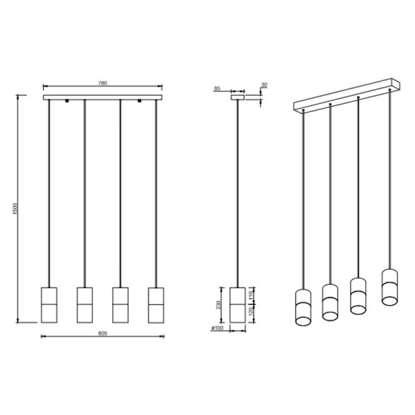 Suspension Robin bronze mat avec 4 lumières mesures