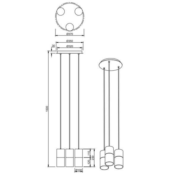 Suspension noire Robin avec 3 mesures de lumières