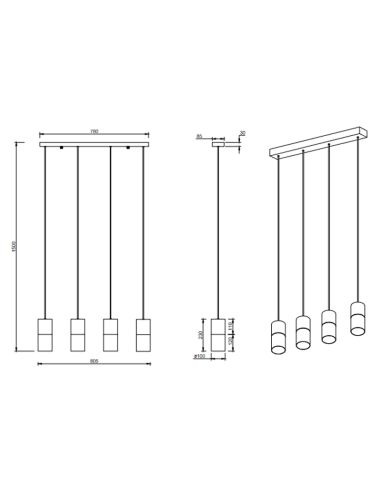 Lámpara colgante LED Robin negro E27 de 4 luces medidas