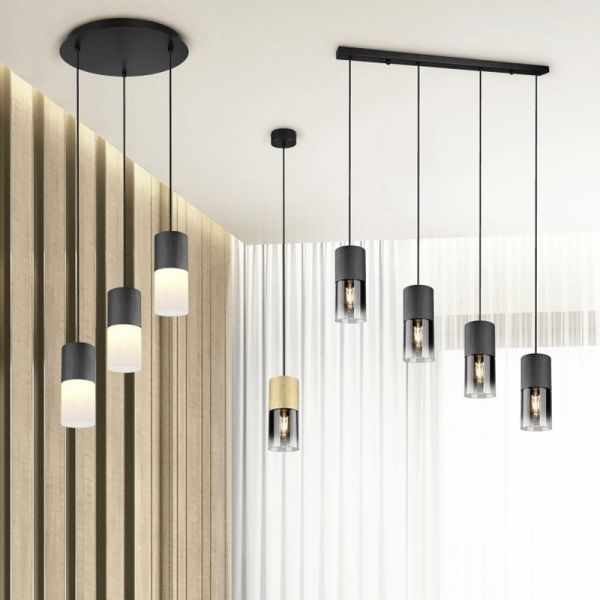 Lámpara colgante de metal y cristal Robin negra 4 luces  ambiente