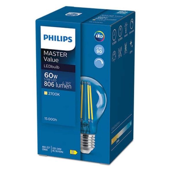 Lâmpada de filamento LED E27 regulável A60 equivalente a 60W - 5,9W Master 8719514324077 | LeonLeds