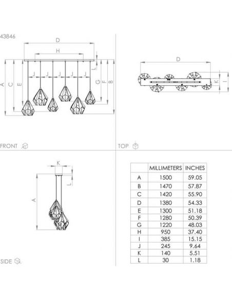 Dimensiones Lámpara de techo Carlton 1 con 6 pantallas suspendidas Negra y Cobre 43846 Eglo | LeonLEds