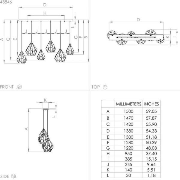 Dimensions Carlton 1 suspension avec 6 abat-jour suspendus Noir et Cuivre 43846 Eglo | leonleds
