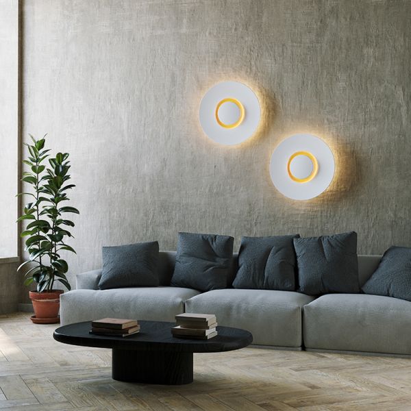 Lâmpada de parede LED big bang branca e dourada ambiente