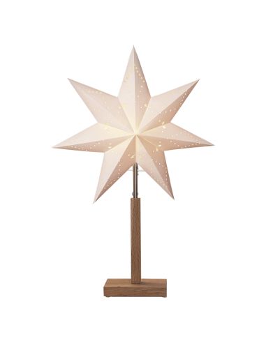 Estrela de mesa com luz em papel Karo branco com base em madeira