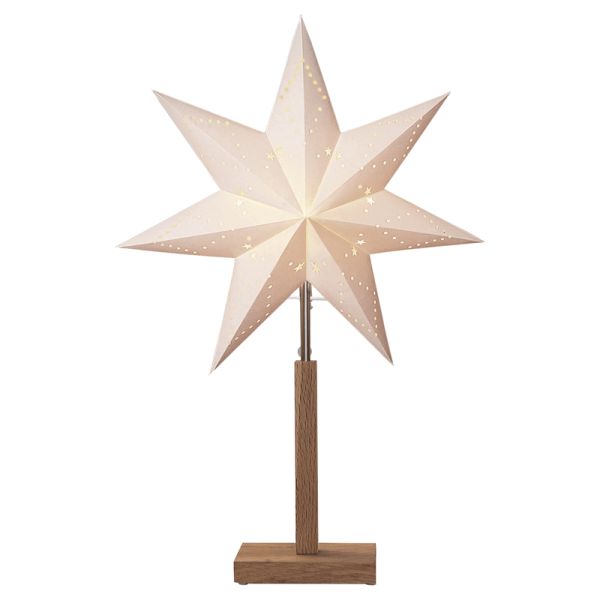 Estrella de mesa con luz de papel blanco Karo con base de madera