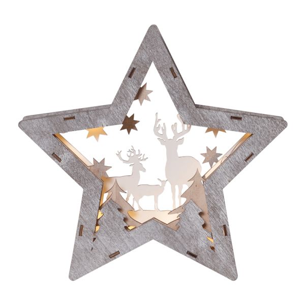 Estrella de madera con renos y luces LED Fauna