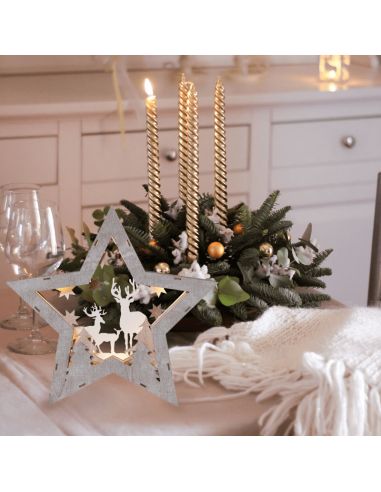 Estrella de madera con renos y luces LED Fauna ambiente