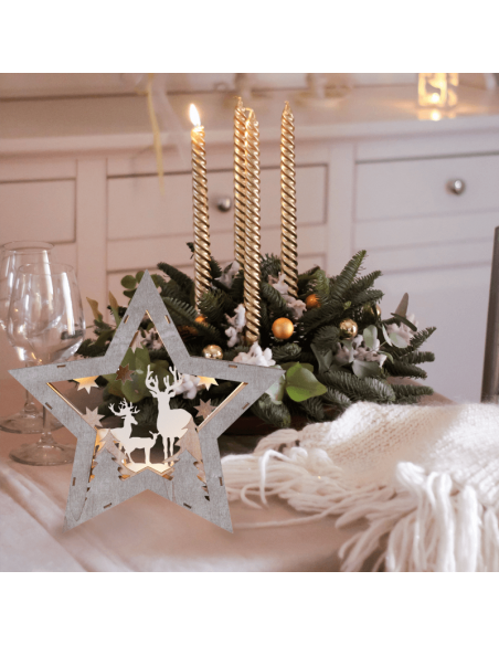Estrella de madera con renos y luces LED Fauna ambiente
