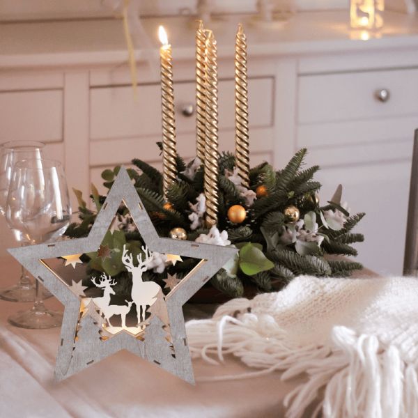 Estrella de madera con renos y luces LED Fauna ambiente