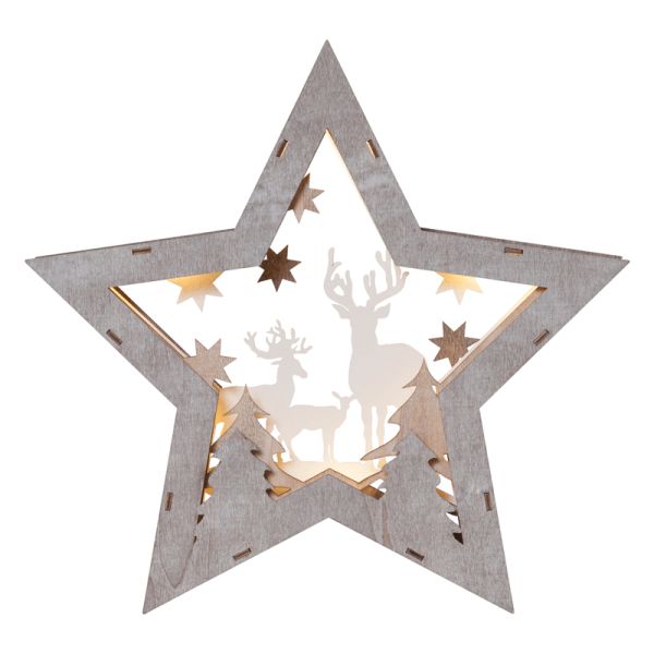 Estrella de madera LED con renos Fauna grande