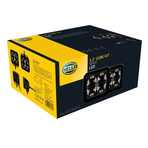 Caja Faro LED cuadrado largo alcance Black Magic Cube Kit 3,2" 12V/24V 3000Lm 2 Unds. Deutsch Hella 1FA 358 176-821 | LeonLeds