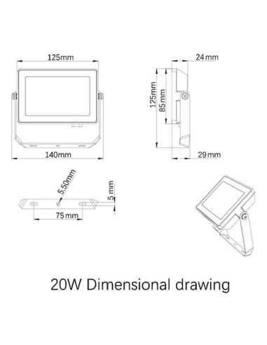 Dimensões Projetor LED Outdoor 20W ProjectLine 1800Lm IP65 Philips | leonleds