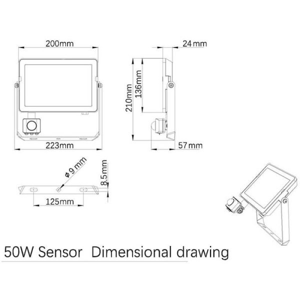 Dimensions spot LED avec détecteur de mouvement 50W pour extérieur ProjectLine 4750Lm IP65 Philips | leonleds