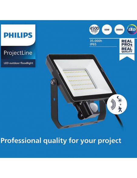 Foco LED con sensor de movimineto 50W para exterior ProjectLine 4750Lm IP65 Philips 3000K | LeonLeds