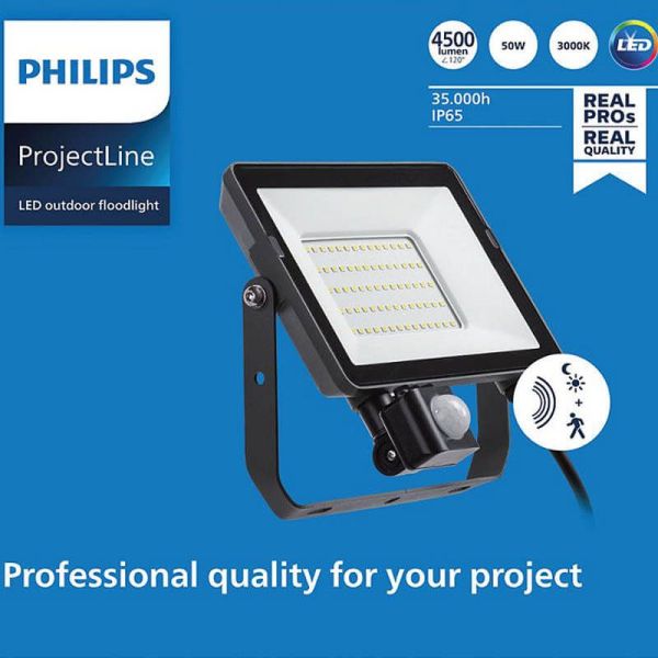 Foco LED con sensor de movimineto 50W para exterior ProjectLine 4750Lm IP65 Philips 3000K | LeonLeds