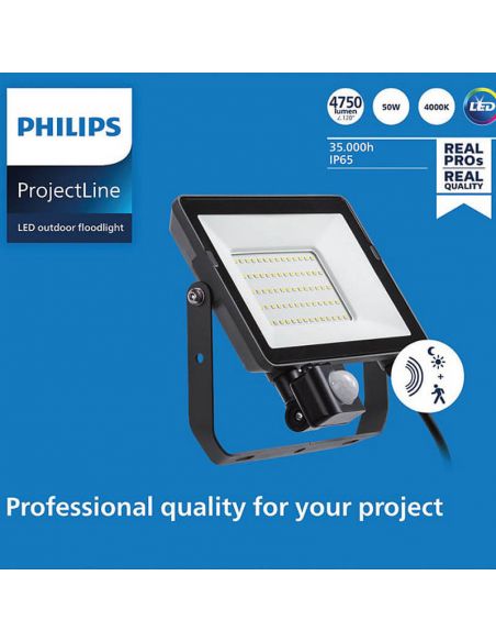Spot exterior LED 50W com sensor de movimento ProjectLine 4750Lm IP65 Philips 4000K | leonleds