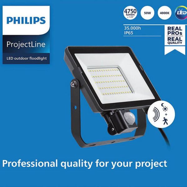 Foco LED con sensor de movimineto 50W para exterior ProjectLine 4750Lm IP65 Philips 4000K | LeonLeds