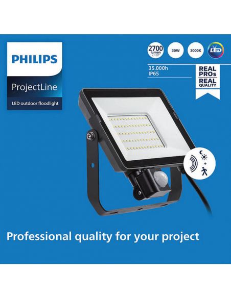 Foco LED 30W para exterior con sensor de movimiento ProjectLine 2850Lm IP65 Philips 8719514954458 | LeonLeds
