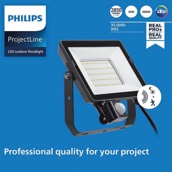 Foco LED 30W para exterior con sensor de movimiento ProjectLine 2850Lm IP65 Philips 8719514954533 | LeonLeds