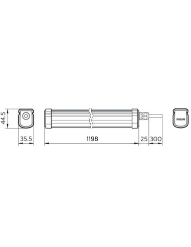 Dimensiones Pantalla estanca LED 120Cm 3.400Lm IP65 IK06 34W ProjectLine Philips | LeonLeds