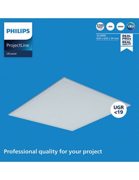 Painel LED 62x62Cm UGR19 3.200Lm 4.000K 36W especial para escritórios ProjectLine Philips | leonleds