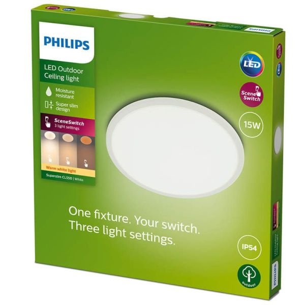 Luminária de teto LED SuperSlim redonda extra plana para exterior, na cor branca | LeonLeds