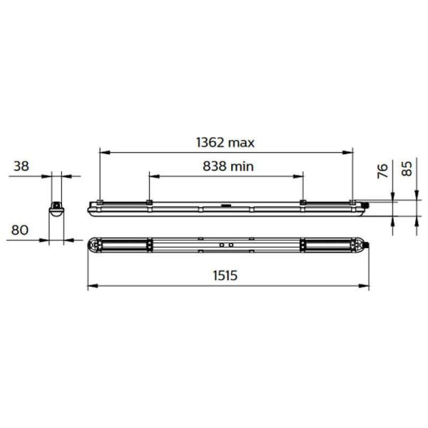 Dimensões Telão LED à prova d'água 150CM 6.000Lm 43W Philips CoreLine GEN2 - Substitui 2X58W 8718291840497 | leonleds