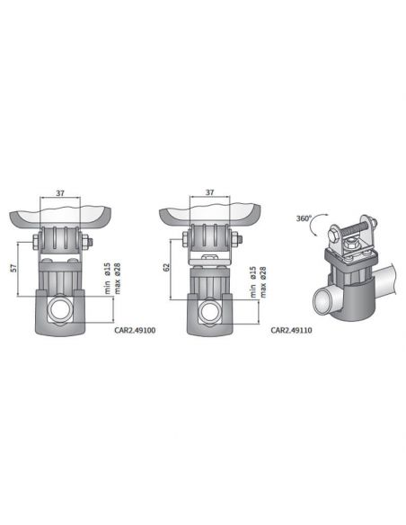 Dimensiones Soporte de Faro de trabajo LED para barra redonda Ø15÷28mm CAR2.49110 Wesem | LeonLeds