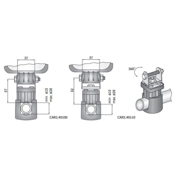 Dimensiones Soporte de Faro de trabajo LED para barra redonda Ø15÷28mm CAR2.49110 Wesem | LeonLeds