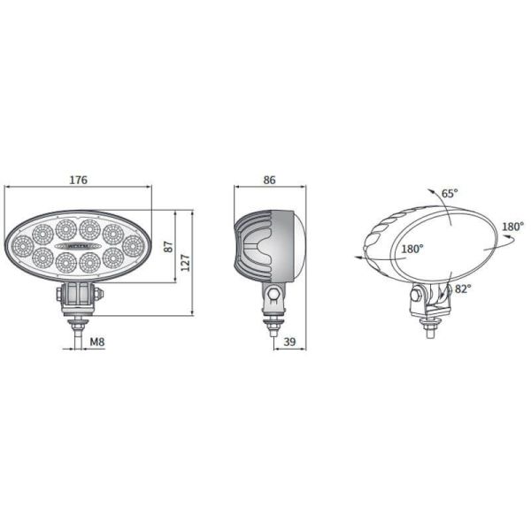 Dimensões Farol LED oval muito potente para trabalho 5.500Lm 12V - 24V DC com cabo CRV1D.55901 | leonleds