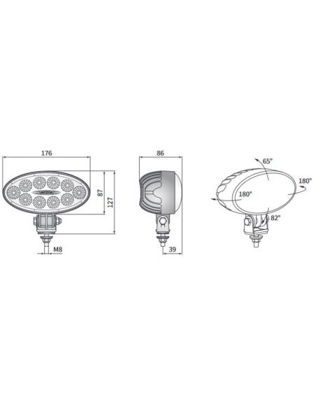 Dimensiones Faro Ovalado LED largo alcance muy potente de 5.500Lm 12V - 24V DC con cable 4º de haz de luz CRV1P.56801 | LeonLeds