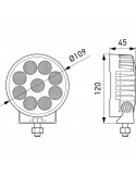 Dimensions Projecteur de travail LED rond 3000Lm ValueFit 1G0 357 111-002 TR3000 12/24V avec câble Hella | leonleds