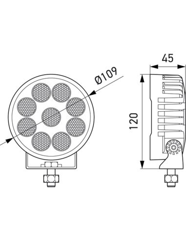Dimensions Projecteur de travail LED rond 3000Lm ValueFit 1G0 357 111-002 TR3000 12/24V avec câble Hella | leonleds