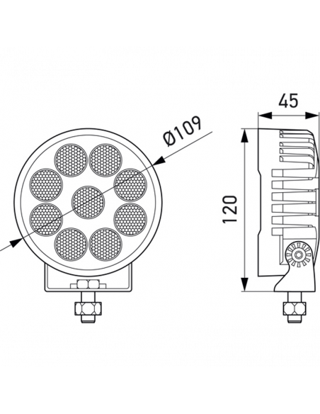 Dimensões Luz de trabalho LED redonda 3000Lm ValueFit 1G0 357 111-002 TR3000 12/24V com cabo Hella | leonleds