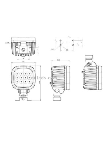 Dimensiones Faro de trabajo cuadrado LED muy potente 8000Lm para trabajo 12V-70V EMC R10 Was 1214 | LeonLeds