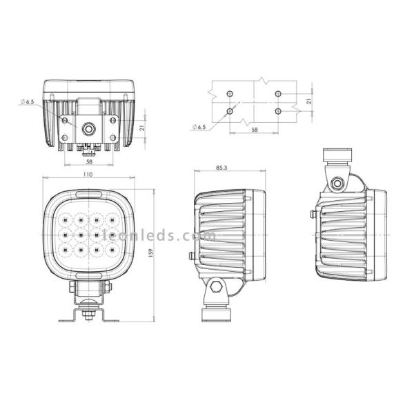 Dimensions Phare de travail LED carré très puissant 8000Lm pour travaux 12V-70V EMC R10 Was 1214 | leonleds