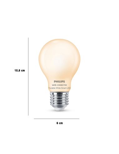 Dimensiones Bombilla LED A60 Cristal Mate 7W - 60W Wiz Regulable tono de luz 2700-6500K 8719514371965 | LeonLeds