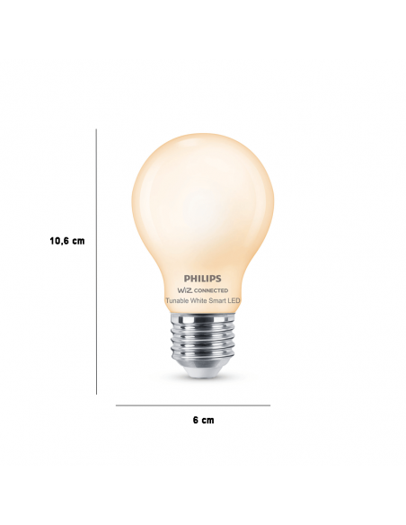 Dimensiones Bombilla LED A60 Cristal Mate 7W - 60W Wiz Regulable tono de luz 2700-6500K 8719514371965 | LeonLeds