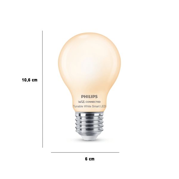Dimensiones Bombilla LED A60 Cristal Mate 7W - 60W Wiz Regulable tono de luz 2700-6500K 8719514371965 | LeonLeds