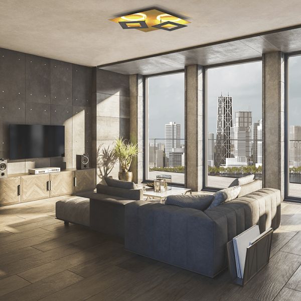 Plafon de techo LED Dalia negro y dorado ambiente
