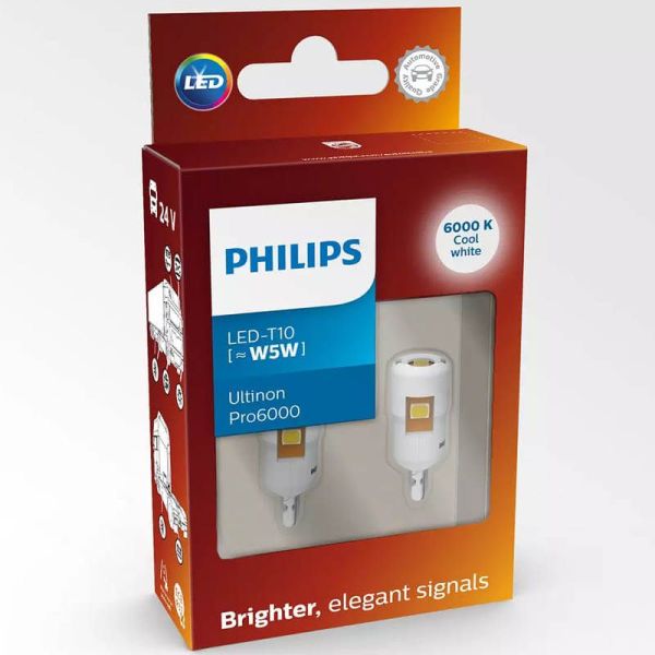 Bombilla LED T10 Ultinon Pro6000 6000K 24V 2 Unidades W5W 24961CU60X2 Philips | LeonLeds